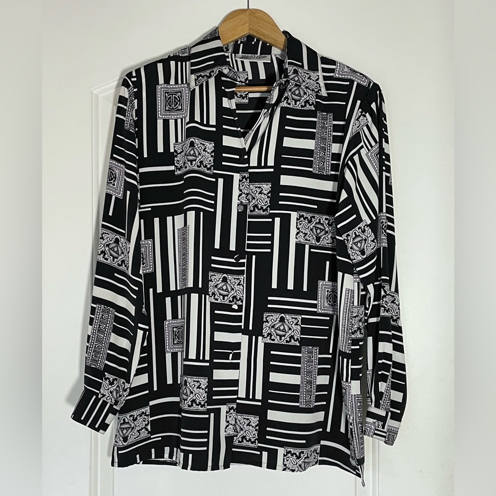 Vintage Yves St. Clair Buttoned Down Blouse Black and White Pattern size 10